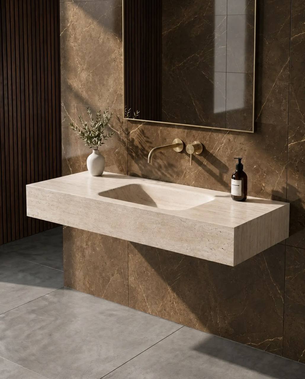 Lavabo en céramique effet travertin sur mesure